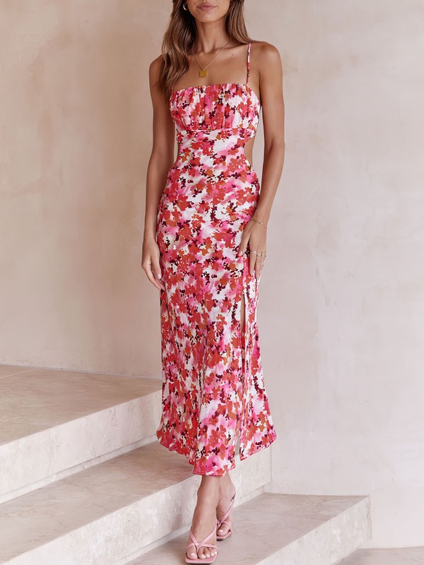 Red Floral Print Cutout Maxi Dress | MillyBridal