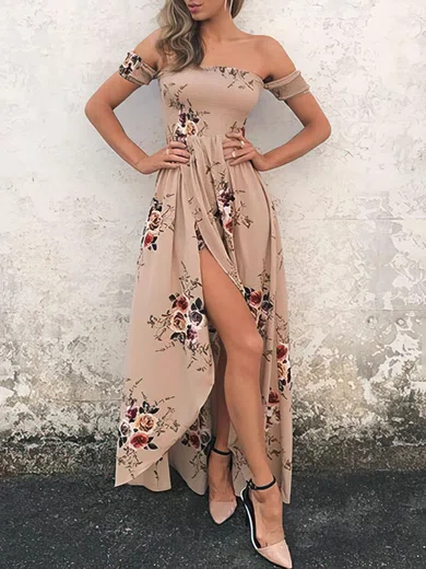 Taupe Off-the-shoulder Floral Print Maxi Dress PT02026050