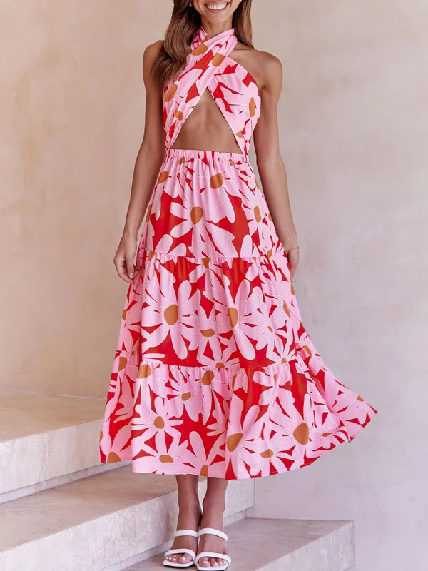 Pink Halter Floral Print Maxi Dress PT02026052