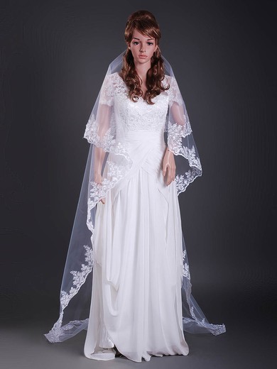 Delicate Two-tier Tulle Cathedral Wedding Veils with Lace Applique Edge #1430069