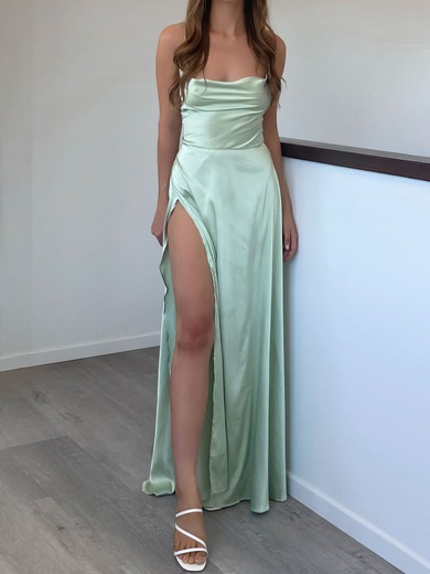 A-line Cowl Neck Silk-like Satin Floor-length with Ruched Bridesmaid Dress #UKM010020122030