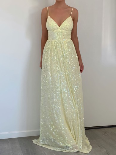 A-line V-neck Sequined Floor-length Prom Dress #UKM020122033