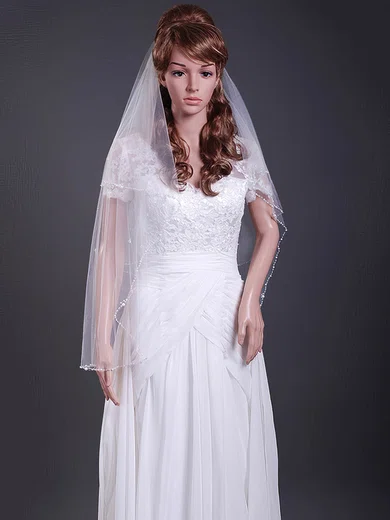Two-tier Fingertip Wedding Veils with Beaded Edge #1430077