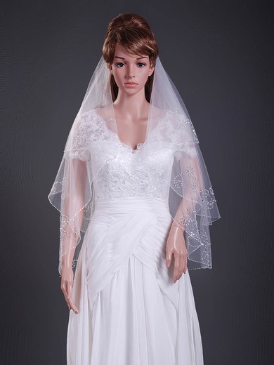 Modern Two-tier Elbow Wedding Veils with Beaded Edge #1430082