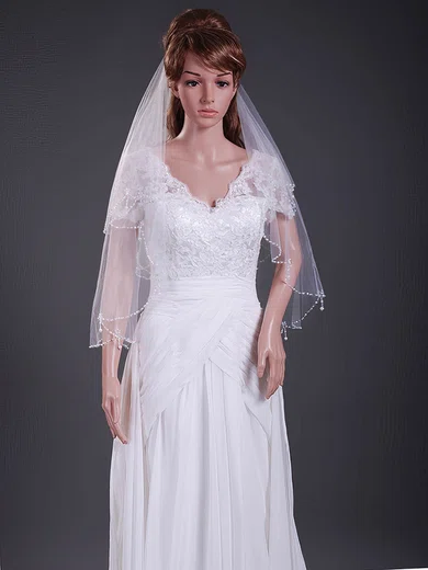 Delicate Two-tier Elbow Wedding Veils with Beaded Edge #1430083