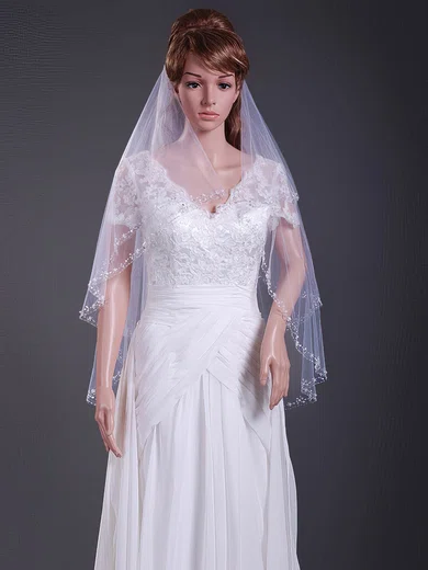 Fabulous Two-tier Elbow Wedding Veils with Beaded Edge #1430088