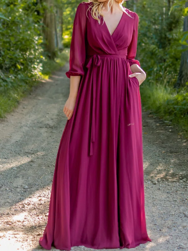 A-line V-neck Chiffon Floor-length Bridesmaid Dress #UKM01015992