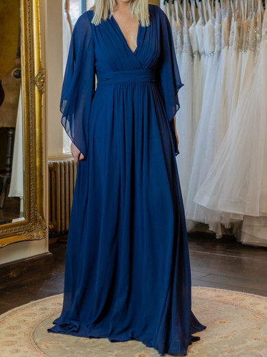 A-line V-neck Chiffon Floor-length with Ruched Bridesmaid Dress #UKM01015998
