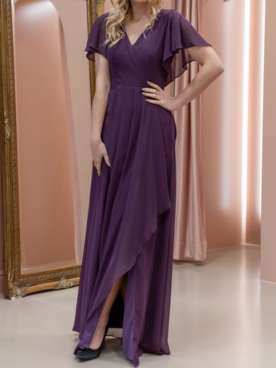 A-line V-neck Chiffon Floor-length with Ruffles Bridesmaid Dress #UKM01016000