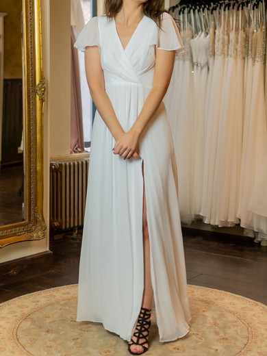 A-line V-neck Chiffon Floor-length with Ruched Bridesmaid Dress #UKM01016001