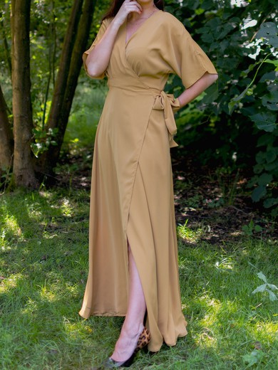 A-line V-neck Chiffon Floor-length with Ruched Bridesmaid Dress #UKM01016003
