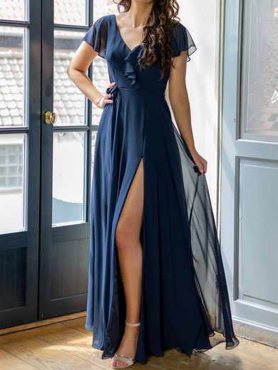 A-line V-neck Chiffon Floor-length with Ruffles Bridesmaid Dress #UKM01016005