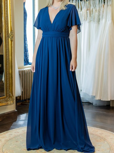 A-line V-neck Chiffon Floor-length with Ruched Bridesmaid Dress #UKM01016007