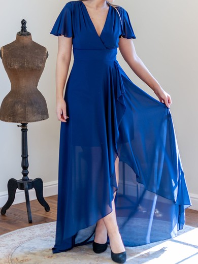 A-line V-neck Chiffon Floor-length with Ruched Bridesmaid Dress #UKM01016010