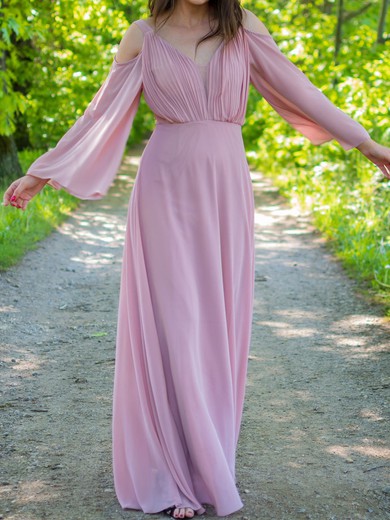 A-line V-neck Chiffon Floor-length with Ruched Bridesmaid Dress #UKM01016011