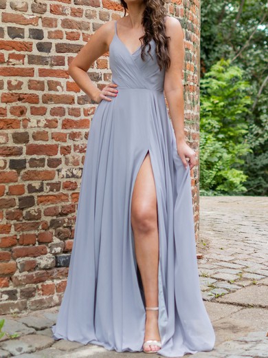 A-line V-neck Chiffon Floor-length with Ruched Bridesmaid Dress #UKM01016016