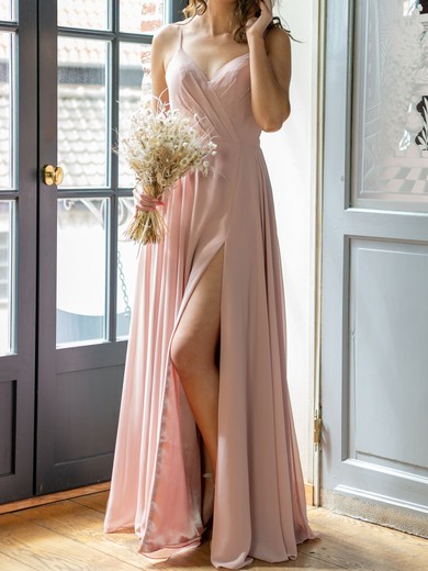A-line V-neck Chiffon Floor-length with Ruched Bridesmaid Dress #UKM01016018