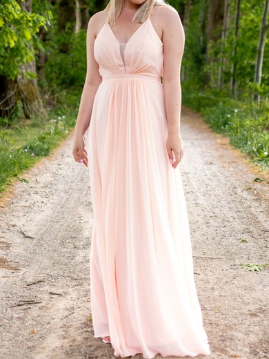 A-line V-neck Chiffon Floor-length with Ruched Bridesmaid Dress #UKM01016022