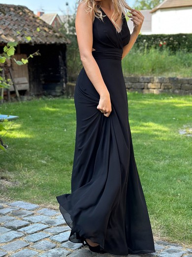 A-line V-neck Chiffon Floor-length with Ruched Bridesmaid Dress #UKM01016023