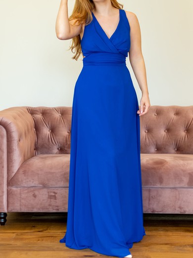 A-line V-neck Chiffon Sweep Train with Ruched Bridesmaid Dress #UKM01016024