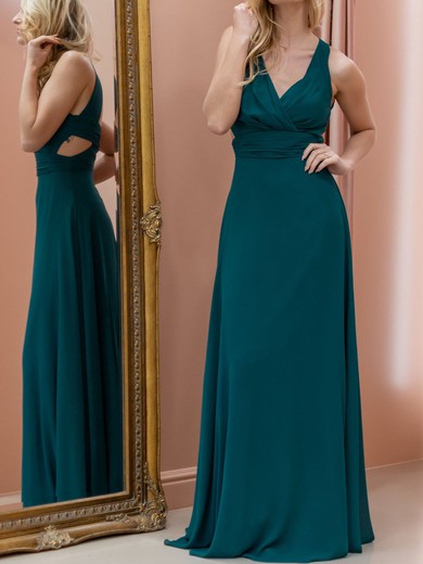 A-line V-neck Chiffon Floor-length with Ruched Bridesmaid Dress #UKM01016025