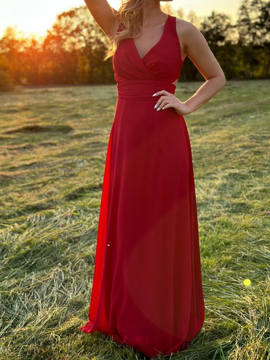 A-line V-neck Chiffon Floor-length with Ruched Bridesmaid Dress #UKM01016026