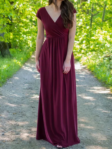 A-line V-neck Jersey Floor-length Bridesmaid Dress #UKM01016029