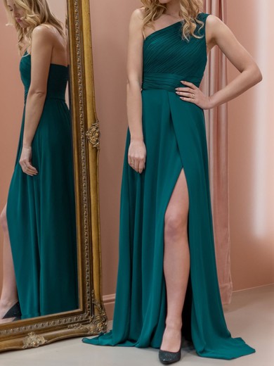 A-line One Shoulder Chiffon Sweep Train with Ruched Bridesmaid Dress #UKM01016030