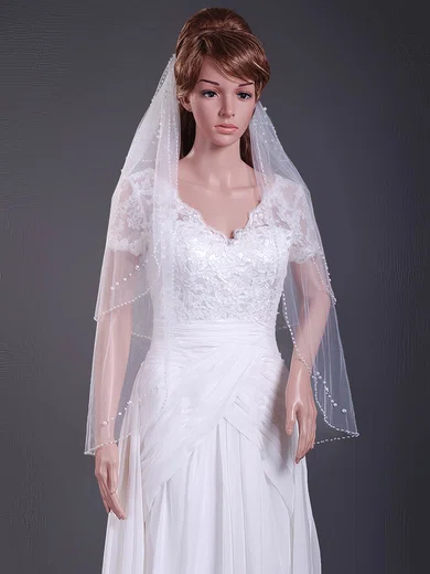 Delicate Three-tier Tulle Fingertip Wedding Veils with Beaded Edge #1430096