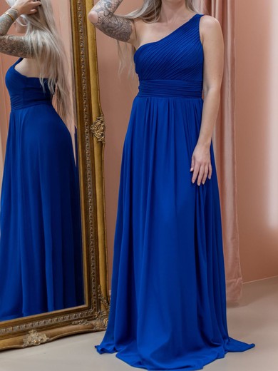 A-line One Shoulder Chiffon Sweep Train with Ruched Bridesmaid Dress #UKM01016031