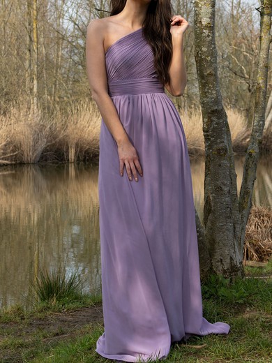 A-line One Shoulder Chiffon Sweep Train with Ruched Bridesmaid Dress #UKM01016033