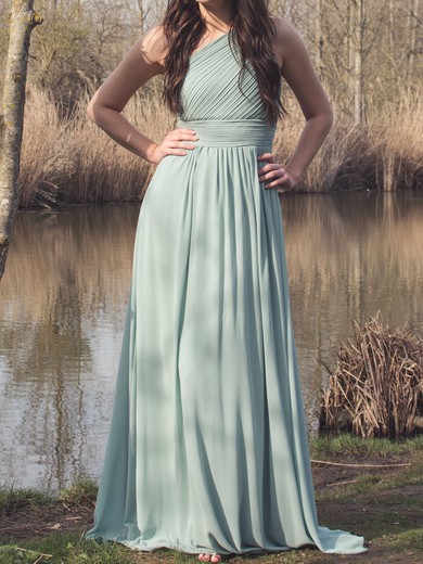 A-line One Shoulder Chiffon Sweep Train with Ruched Bridesmaid Dress #UKM01016034