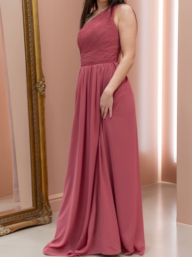 A-line One Shoulder Chiffon Sweep Train with Ruched Bridesmaid Dress #UKM01016035