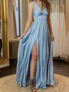 A-line V-neck Satin Floor-length with Ruched Bridesmaid Dress #UKM01016036