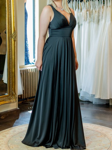 A-line V-neck Satin Floor-length with Ruched Bridesmaid Dress #UKM01016037