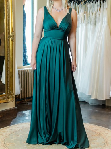 A-line V-neck Satin Floor-length with Ruched Bridesmaid Dress #UKM01016038