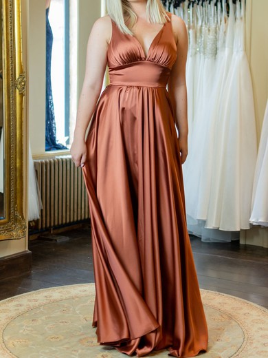 A-line V-neck Satin Floor-length with Ruched Bridesmaid Dress #UKM01016040