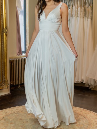 A-line V-neck Satin Chiffon Floor-length with Ruched Bridesmaid Dress #UKM01016041