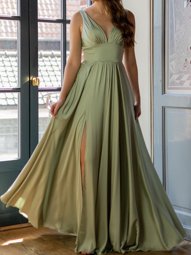 A-line V-neck Satin Chiffon Floor-length with Ruched Bridesmaid Dress #UKM01016042