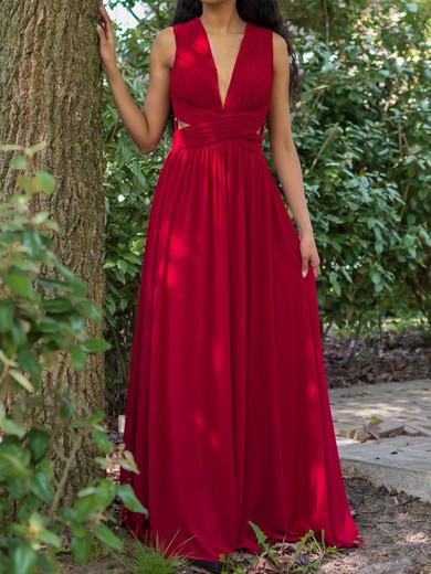 A-line V-neck Chiffon Floor-length with Ruched Bridesmaid Dress #UKM01016045