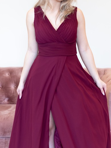 A-line V-neck Chiffon Sweep Train with Ruched Bridesmaid Dress #UKM01016046