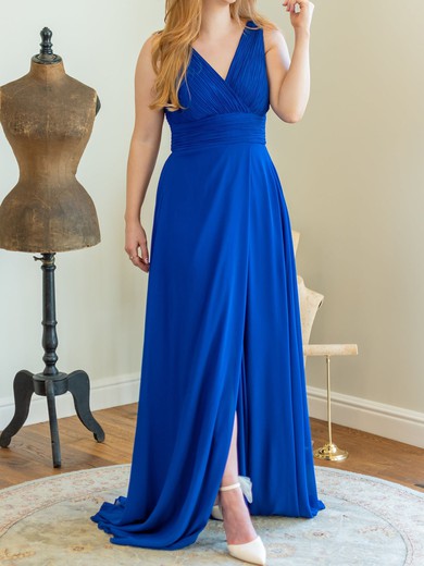 A-line V-neck Chiffon Sweep Train with Ruched Bridesmaid Dress #UKM01016047