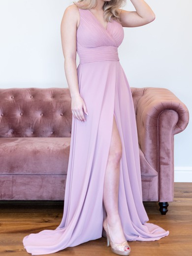A-line V-neck Chiffon Sweep Train with Ruched Bridesmaid Dress #UKM01016048