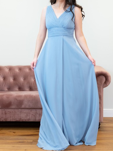A-line V-neck Chiffon Sweep Train with Ruched Bridesmaid Dress #UKM01016049