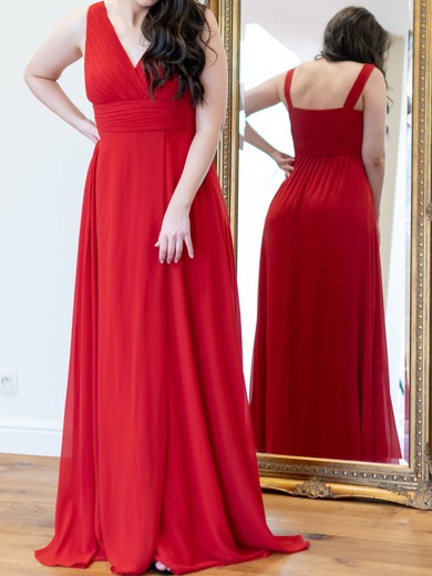 A-line V-neck Chiffon Sweep Train with Ruched Bridesmaid Dress #UKM01016050