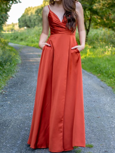 A-line V-neck Satin Floor-length Pockets Bridesmaid Dress #UKM01016052