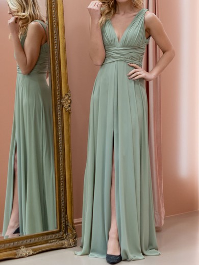 A-line V-neck Chiffon Floor-length with Ruched Bridesmaid Dress #UKM01016053