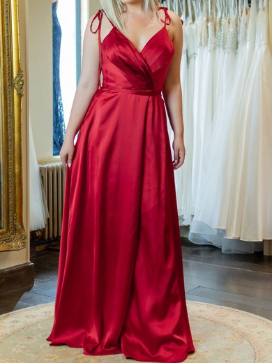 A-line V-neck Satin Sweep Train with Ruched Bridesmaid Dress #UKM01016061