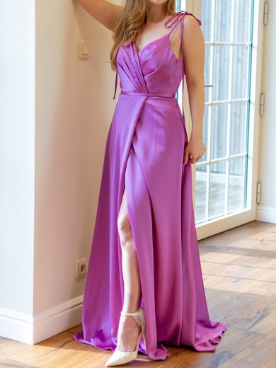 A-line V-neck Satin Sweep Train with Ruched Bridesmaid Dress #UKM01016062