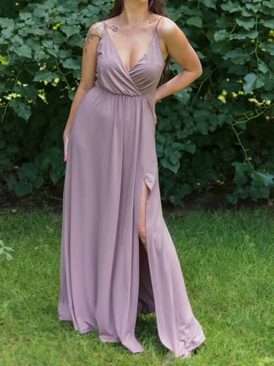 A-line V-neck Jersey Floor-length Bridesmaid Dress #UKM01016063
